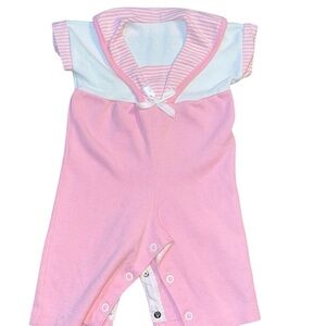 1970s Vintage Baby Girls Pink Sailor Baby Romper with Striped Collar 3-6 months